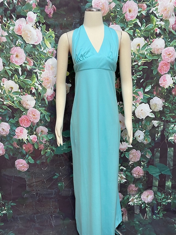70年代 アクアブルー ホルターネック マキシドレス XS ポリエステル