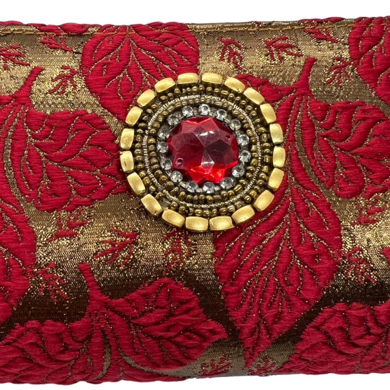 90s Red Floral Brocade Clutch Copper Lurex - image 2