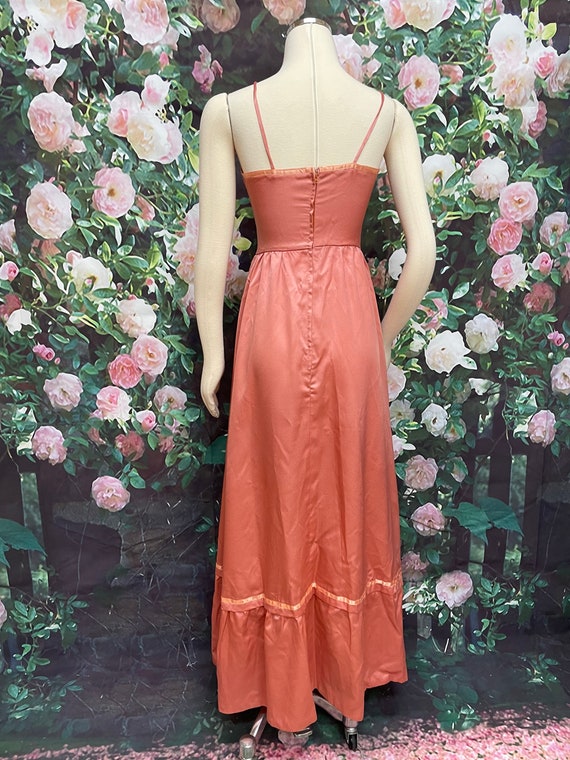 70s Rose Pink Satin Maxi Dress Ruffle Cropped Jac… - image 9