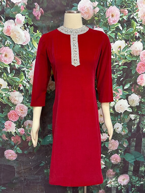 60s Red Velvet Dress Silver Lurex Trim Rhinestone… - image 2