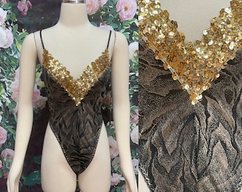 90s Fredericks Of Hollywood Gold Sequin Lame Bodysuit