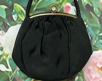 50s Black Fabric Purse Double Handle Rhinestone Circle Clasp