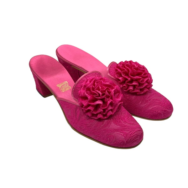 60s Daniel Green Hot Pink Satin Slippers Rosette Sz 7