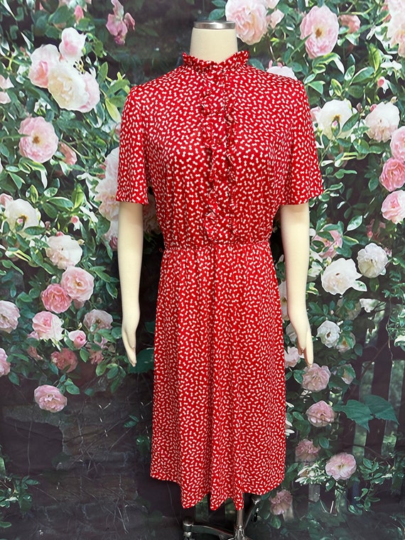 70s Sears Red Secretary Dress Ruffle Front XL - image 2