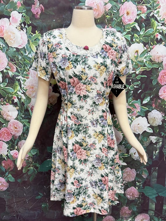 80s White Floral Petite Dress Lace Collar Ms Conduct California NOS