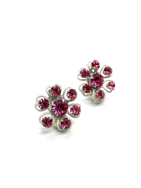 60s Pink Rhinestone Daisy Earrings Set in White - image 5