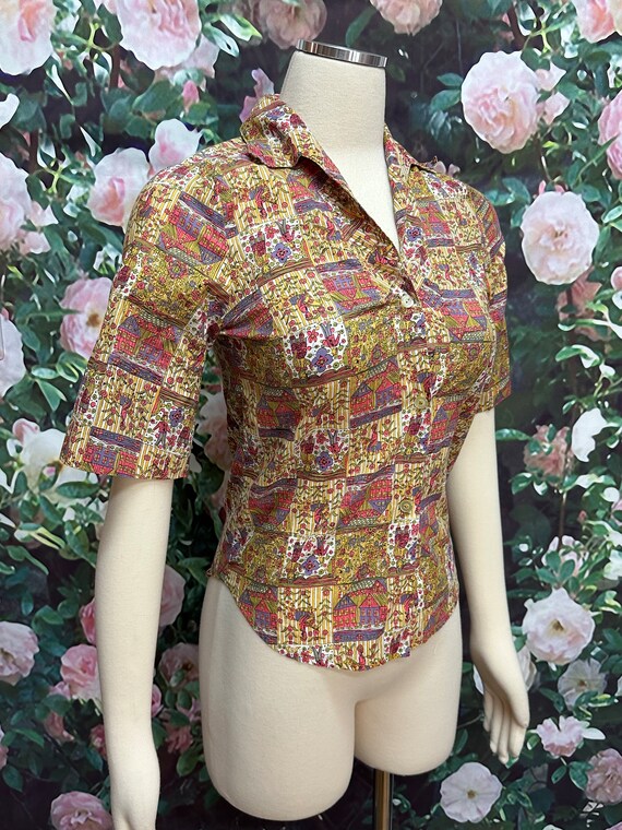 70s Folk Art Figural Novelty Blouse XS - image 4