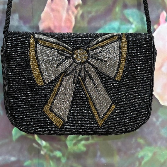 90s Destinee Black Beaded Bow Purse Evening Handb… - image 1