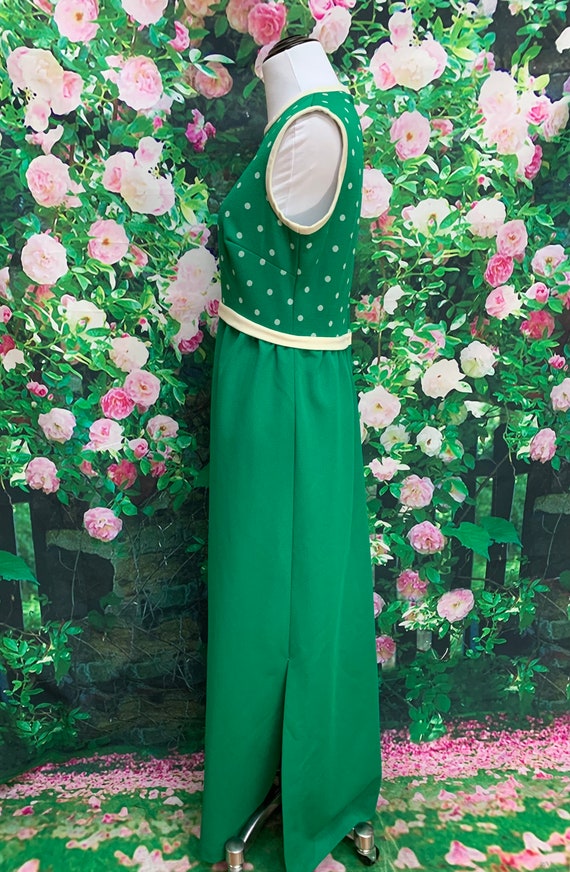 60s Kelly Green Polka Dot Maxi Dress Polyester Kn… - image 8
