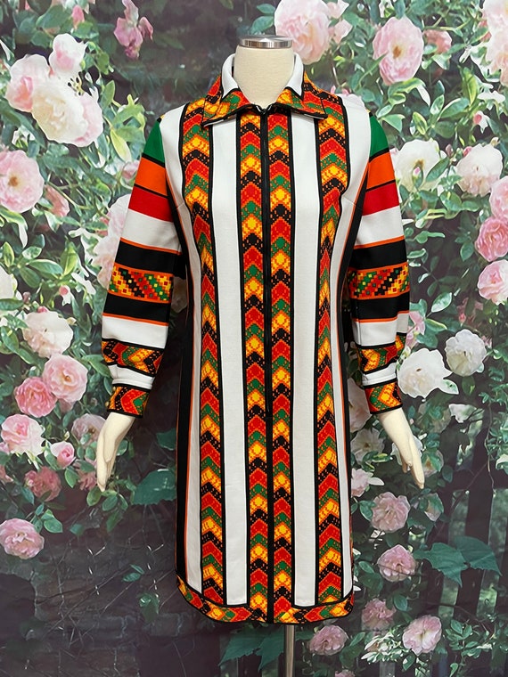 70s Jon McCauley Mod Zip Front Dress Ethnic Print - image 2