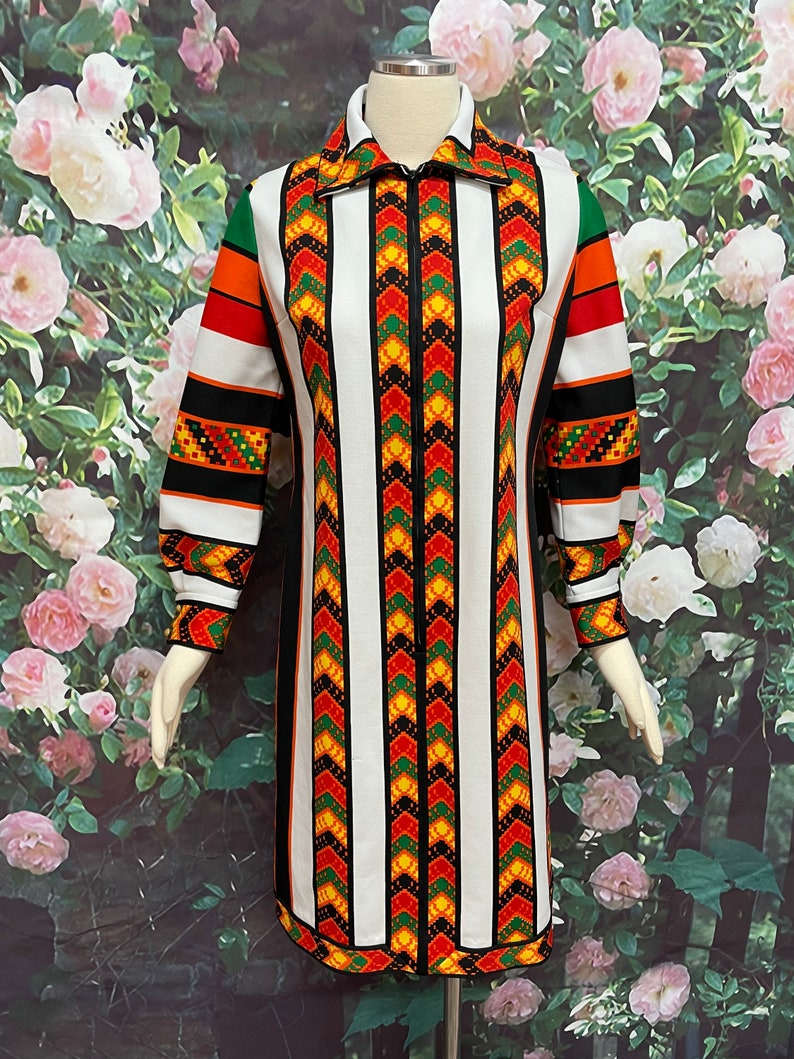 70s Jon McCauley Mod Zip Front Dress Ethnic Print image 2