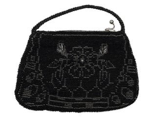 20s Art Deco Black Czech Bead Purse Zipper Top