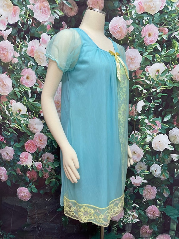 60s Turquoise Blue Chiffon Babydoll Nightgown Gol… - image 7