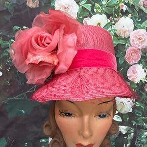 VIBRANT 1960s\' DESIGNER PINK STRAW WIDE BRIM HAT WITH WHITE FABRIC FLOWER Wide Brim Pink Straw Vintage Hats for Women for sale | eBay main image 3