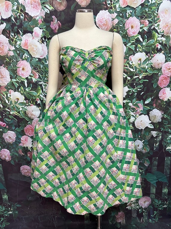 50s Green Musical Notes Strapless Dress XS - image 2