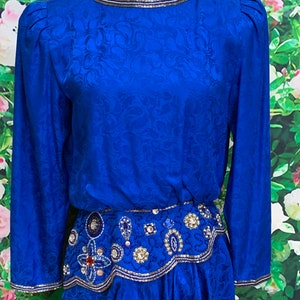 80s I. Magnin Blue Silk Formal Dress Beaded Sequins image 3