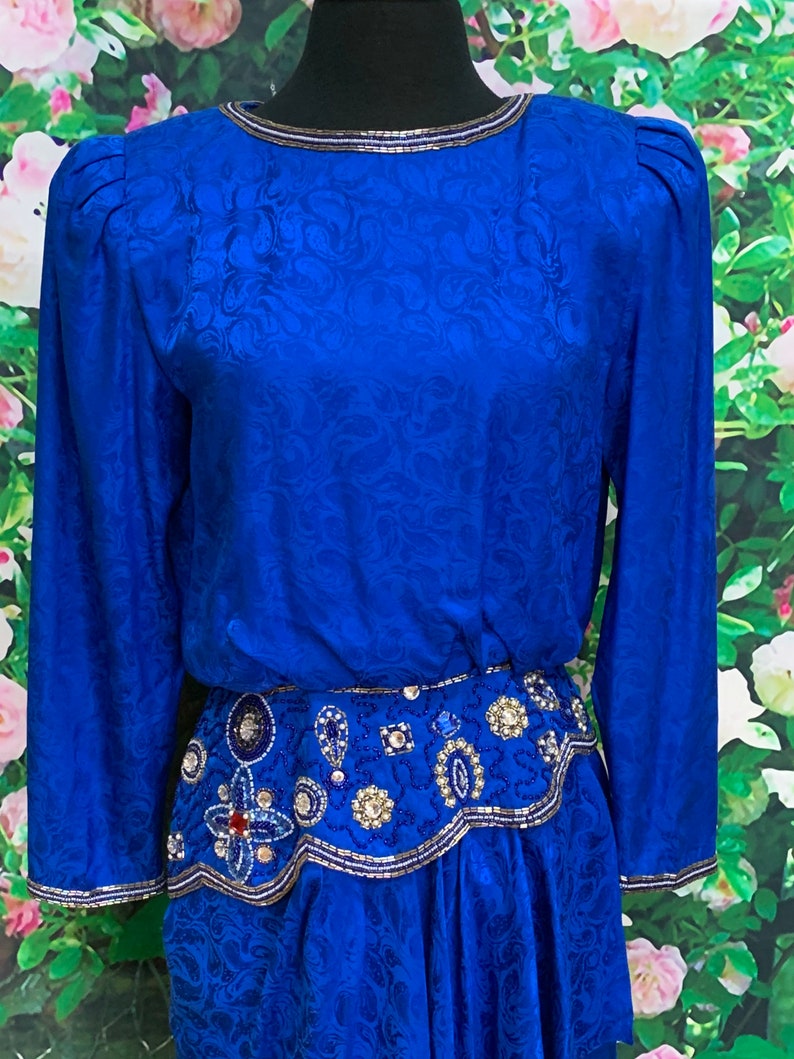 80s I. Magnin Blue Silk Formal Dress Beaded Sequins image 3