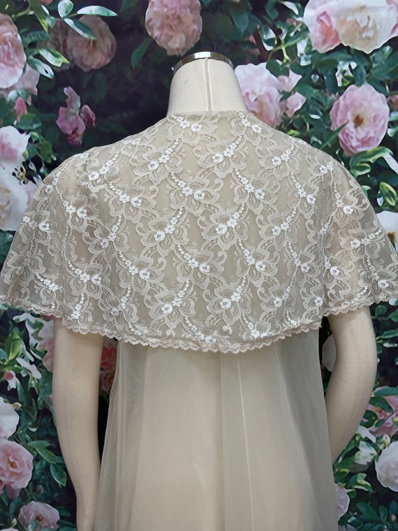 60s Ivory Double Chiffon Peignoir Lace Capelet Ro… - image 7