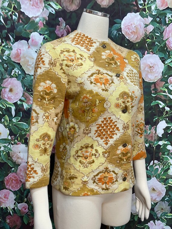50s Kio for Hooper Gold Floral Wool Cardigan - image 4