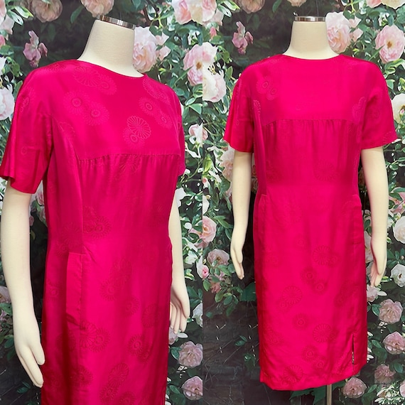 60s Hot Pink Floral Silk Shift Dress Hong Kong - image 1