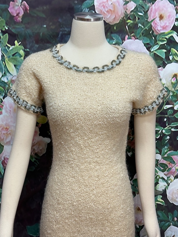 60s Cream Wool Knit Sweater Dress Sequin Trim - image 3