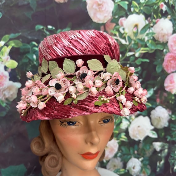 60s Evelyn Varon Pink Straw Bucket Hat Silk Flowe… - image 2