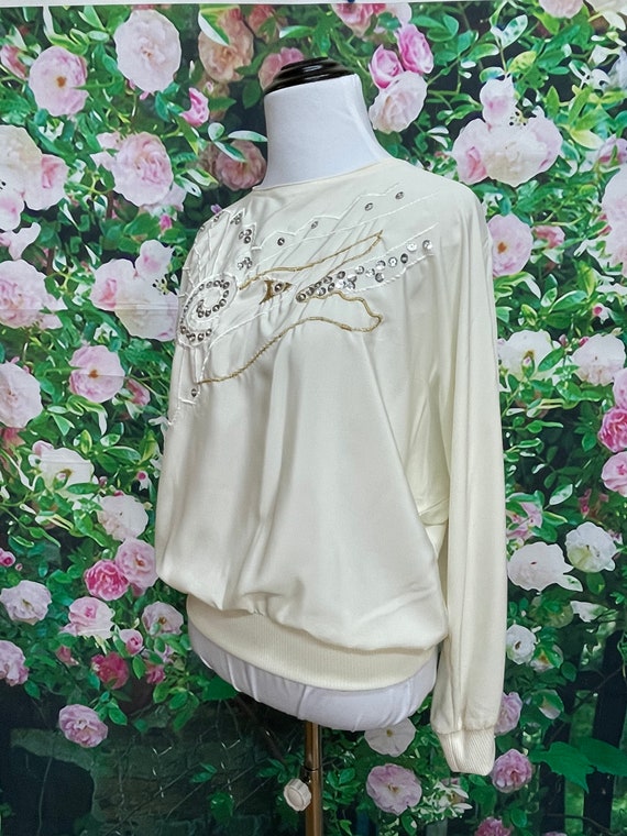 80s Campus Casuals Cream Sequin Blouson Blouse Po… - image 7