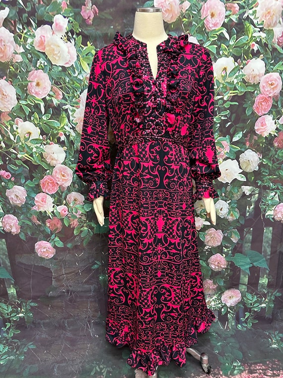 70s Black Pink Sequin Maxi Dress Ruffles Large - image 2