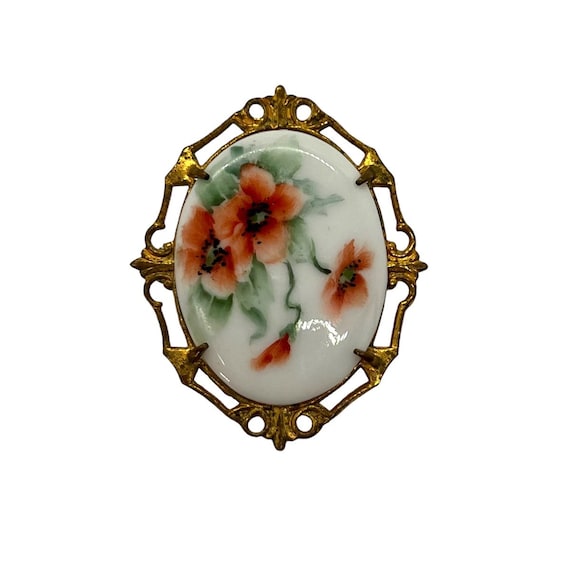 40s Peach Flower Hand Painted Porcelain Brooch Fi… - image 1