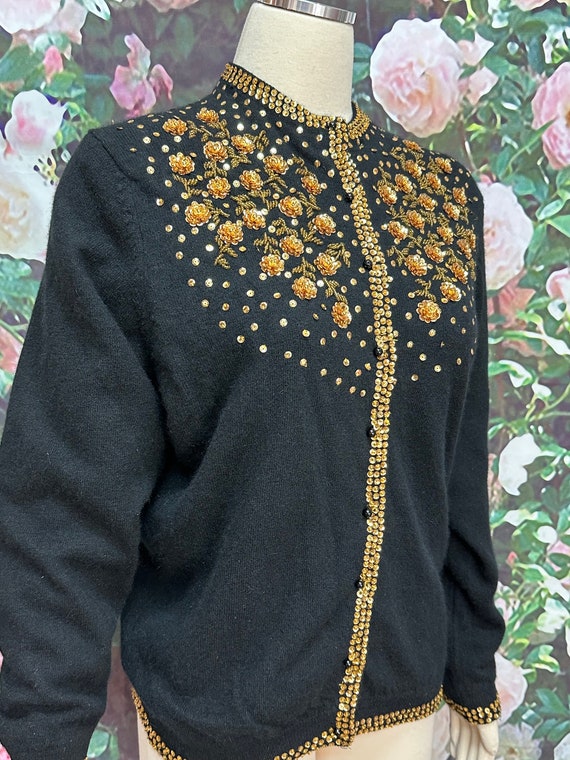 50s Black Wool Cardigan Gold Sequin Flowers Beads - image 6