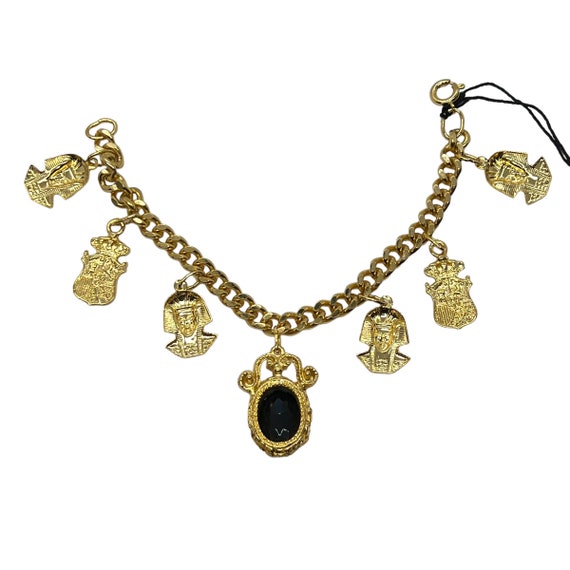 80s Egyptian Revival Charm Bracelet Gold Plated - image 2