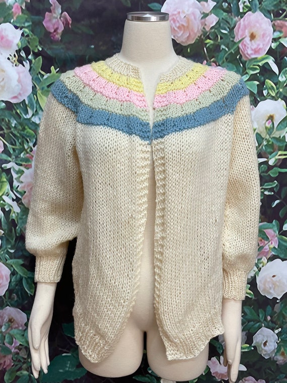 70s Cream Wool Knit Open Cardigan Pastels - image 2