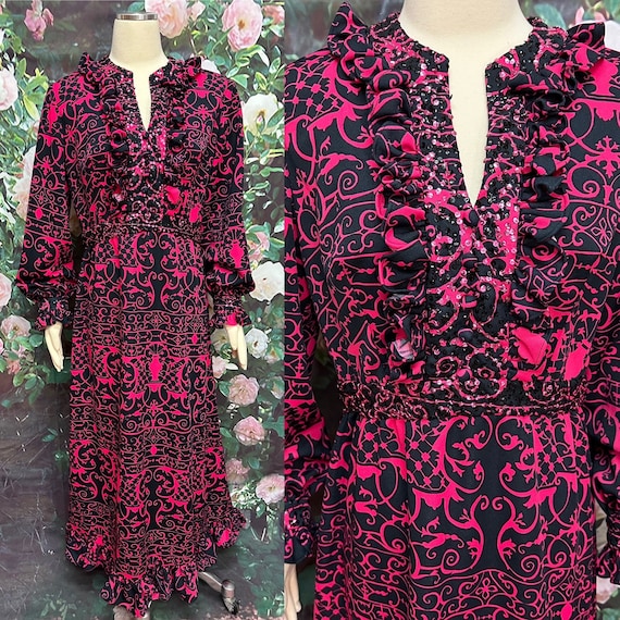 70s Black Pink Sequin Maxi Dress Ruffles Large - image 1