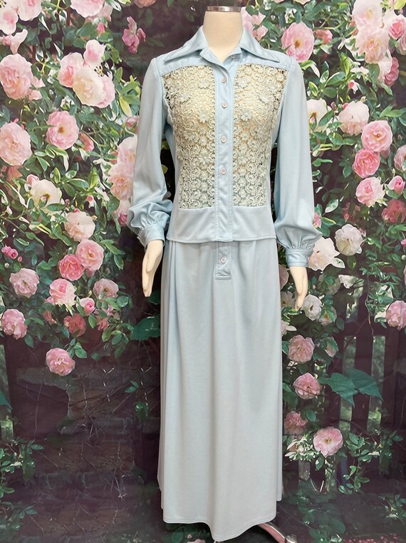 70s Malcolm Starr Rizkallah Blue Daisy Lace Maxi … - image 2