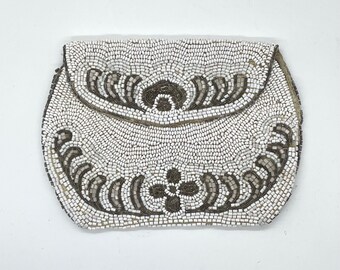 20s Art Deco White Czech Bead Pouch Flower Purse Belt Loop Handbag