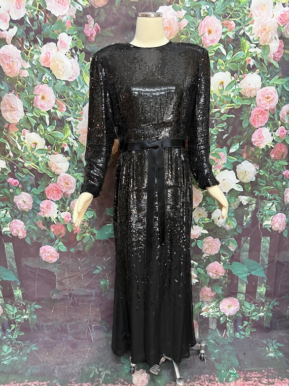 70s Bill Blass Black Sequin Evening Gown - image 1