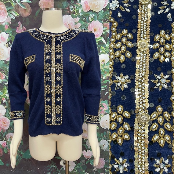 80s Blue Angora Wool Sweater Sequins Embellished … - image 1