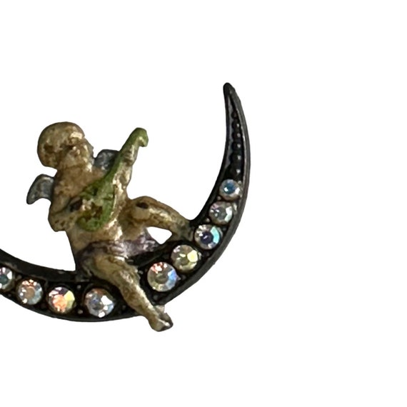 40s Silver Cupid Crescent Moon Lapel Pin AB Cryst… - image 3