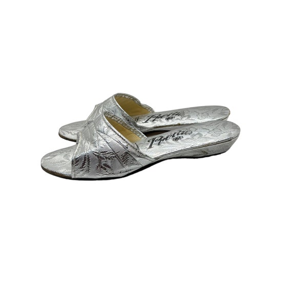 60s Silver Lame Floral Slippers Mules Size 5 - image 6