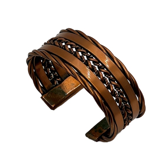 80s Copper Cuff Bracelet Woven Pattern - image 1