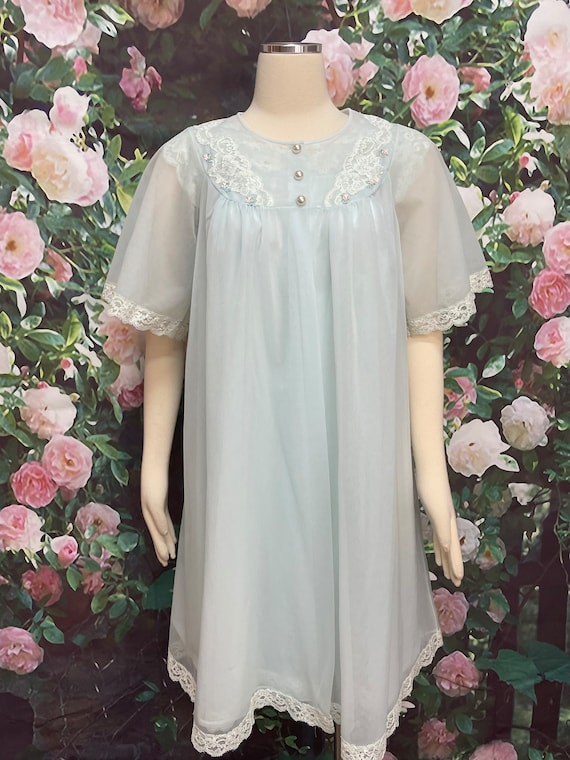 60s Shadowline Baby Blue Chiffon Nightgown Peigno… - image 2