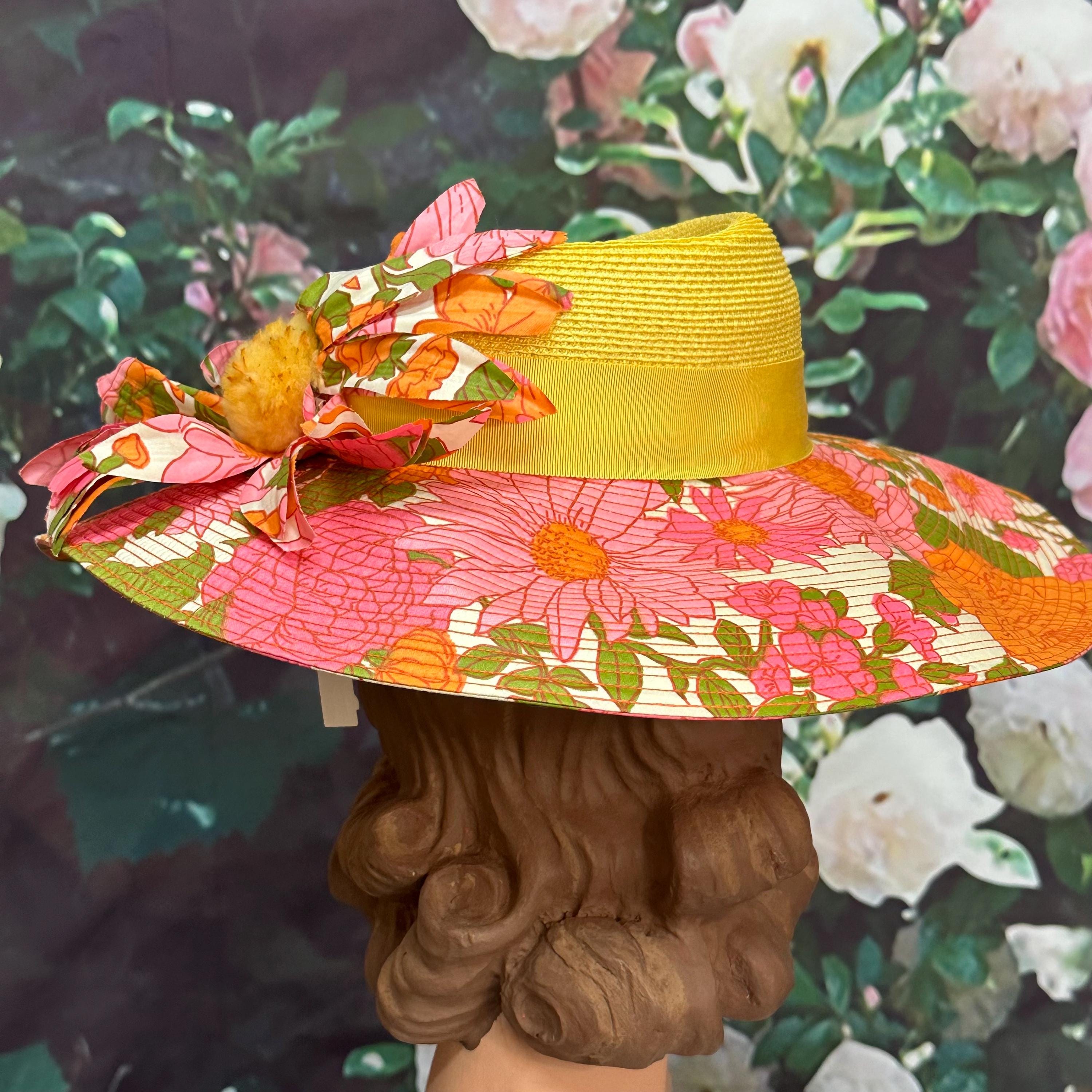 80s Pink Floral Sun Hat Yellow Straw by Bullocks NWT - Etsy display picture 1