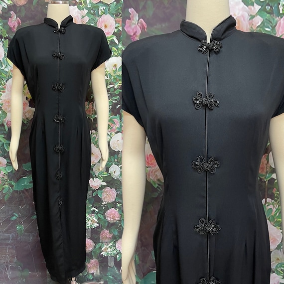 80s Black Rayon Cheongsam Maxi Dress Sequin Frogs - image 1