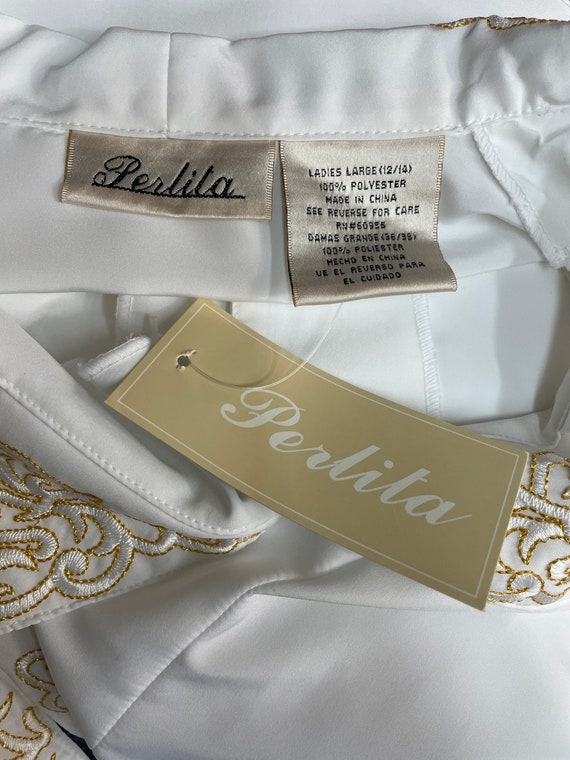 80s Perlita White Poly Shirt Gold Embroidery XL - image 10