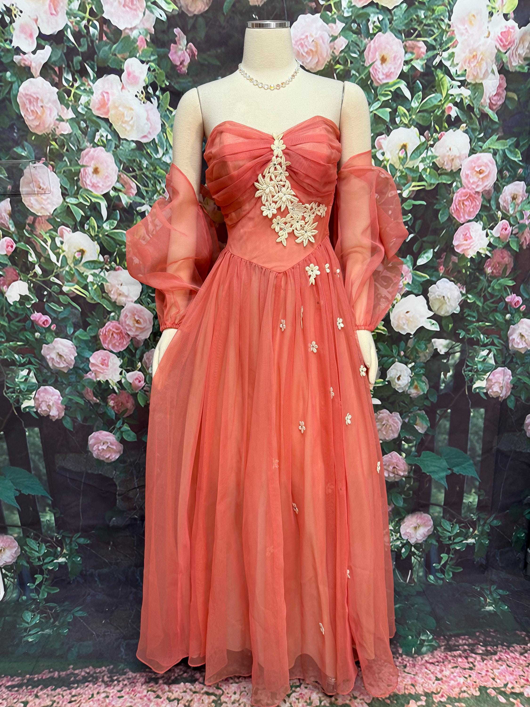 50s Salmon Chiffon Evening Gown Rhinestone Lace Detachable Sleeves XS 50s Salmon Chiffon Evening Gown Rhinestone Lace Detachable Sleeves XS