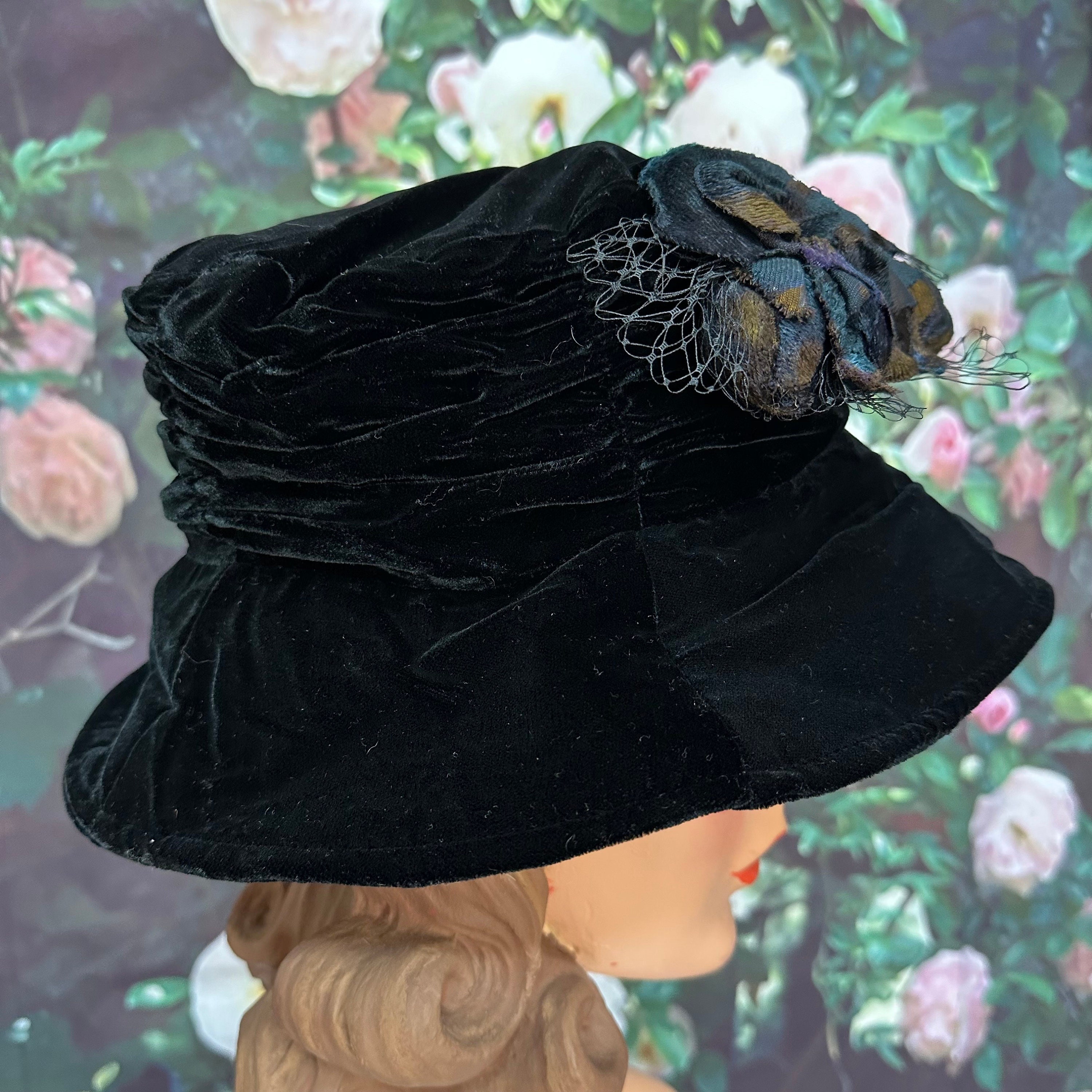 90s Boho Black Velvet Bucket Hat Silk Flower - Etsy 90s Boho Black Velvet Bucket Hat Silk Flower - Etsy