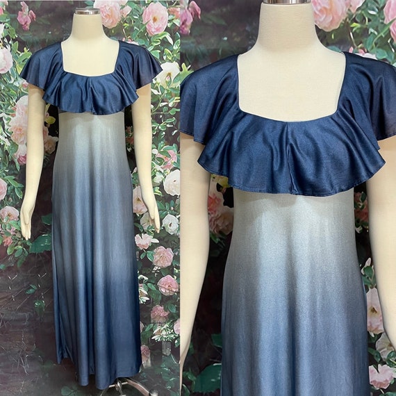 70s JC Penney Ombre Blue Dressing Robe Ruffled Ne… - image 1