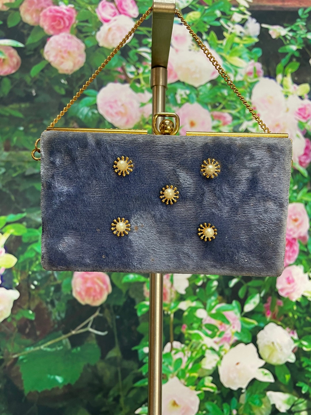 50s Blue Velvet Box Purse Atomic Pearl Studded Etsy