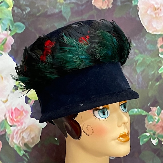 60s Dark Blue Tall Hat Wool Red Feathers