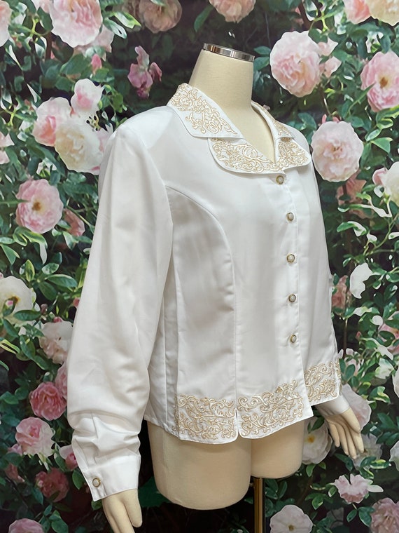 80s Perlita White Poly Shirt Gold Embroidery XL - image 6